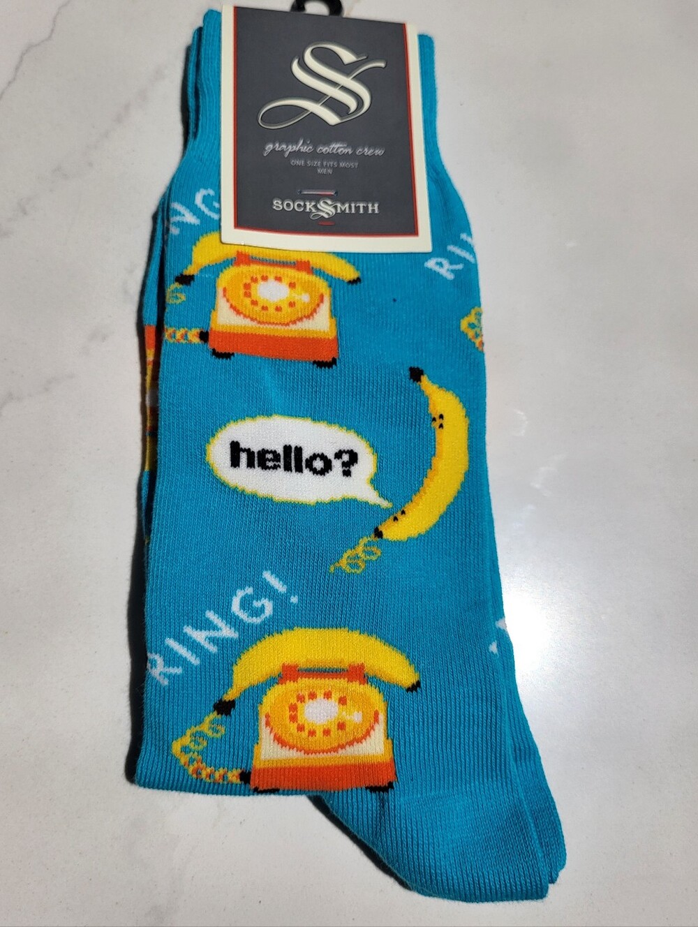 NWT Pair of SockSmith Graphic Cotton Crew Socks Banana Phone Blue size 9-11